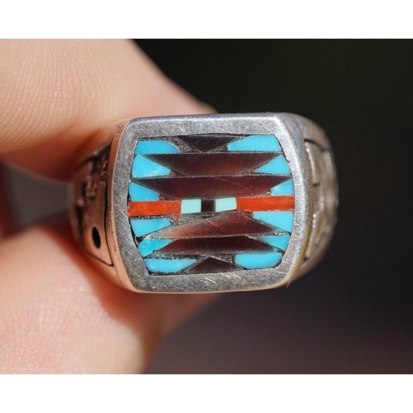 Charlotte Dishta - Zuni Native American Indian multi stone Inlay Ring Size 9.75 - Picture 6 of 6